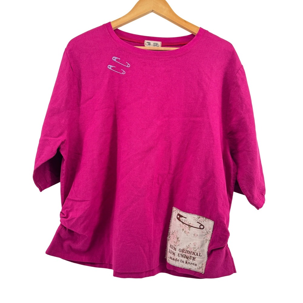 School Bus Magenta Pink Safety Pin Embroidered Floral Patch Top Korea Womens XL